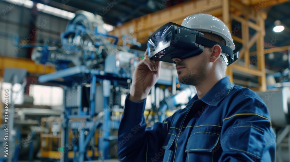 Poster A professional using augmented reality glasses for remote assistance and troubleshooting in industrial settings, symbolizing efficiency and technology in remote technical support