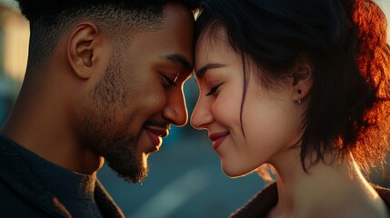 Intimate Connection: Close-Up Portrait of LGBTQ+ Couple Embracing with Gentle Smiles and Diverse Ethnicities under Warm Natural Light.