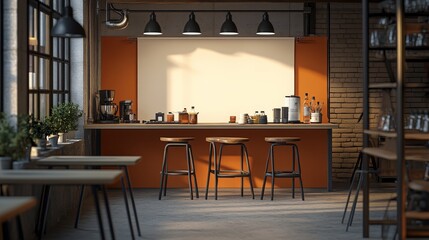 A modern kitchen space with bar stools, coffee equipment, and a warm color scheme for social gatherings.