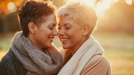 Embracing Diversity: Mature LGBTQ+ Couple Sharing a Loving Moment Bathed in Warm Afternoon Light