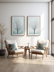 Obraz premium Minimalist Living Room Two Wooden Armchairs Side Table Tree Artwork