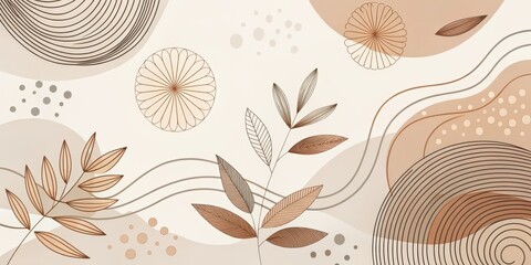 Abstract Neutral Tones Botanical Artwork Featuring Organic Shapes and Line Art Design