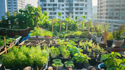 A rooftop garden with urban farming and sustainable gardening practices, Urban agriculture scene, Green living style