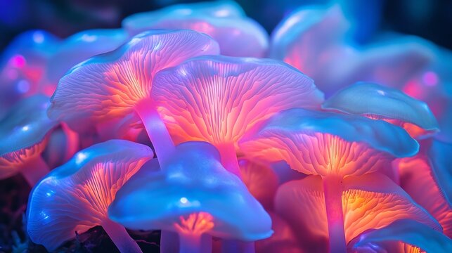 Glowing Bioluminescent Mushroom Bouquet in Macro Closeup Photo with Vibrant Ethereal Lighting