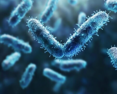 Close up of blue bacteria floating freely.