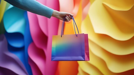 Woman s Hand Holding Vibrant Rainbow Gradient Paper Shopping Bag in Cheerful Gift Oasis