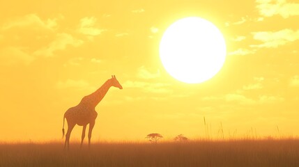 3. A giraffe grazing in the African plains, the bright sun washing out the scene into a glowing white haze