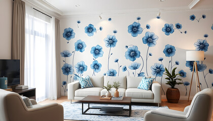 Stylish living room with blue flowers painted on wall. Floral pattern in interior design, doodle art