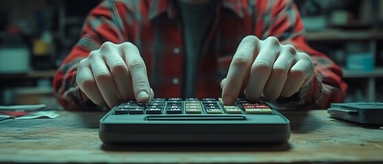 A person using a calculator, focused on calculations in a workshop setting.