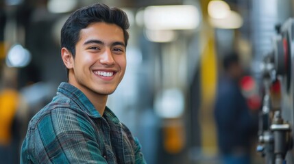 Fototapeta premium A student in casual attire smiling in an industrial environment during a lesson