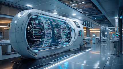 Fototapeta premium futuristic medical center featuring advanced AI technology monitoring patients. sleek design and high tech equipment create innovative healthcare environment