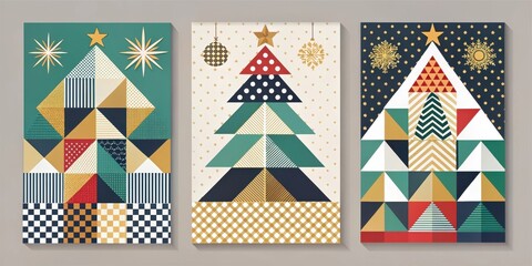 Obraz premium A Trio of Geometric Christmas Tree Designs Featuring Festive Patterns and Shapes