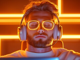 A focused gamer with glowing glasses and headphones, immersed in a digital world, illuminated by warm orange lights.