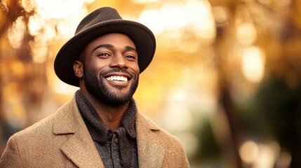 Fototapeta premium Smiling man dressed stylishly in a warm and inviting background