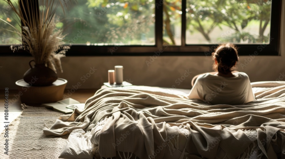 Aufkleber a serene bedroom setup with a person meditating on a mat, surrounded by soft fabrics and gentle morn
