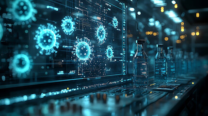 futuristic medical research lab with AI technology analyzing viruses and developing solutions. atmosphere is high tech and innovative, showcasing advanced scientific equipment