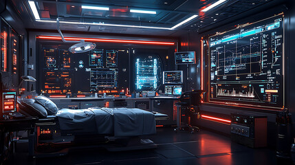 futuristic operating room featuring advanced AI technology, robotic systems, and high tech medical equipment. sleek design and glowing interfaces create cutting edge atmosphere