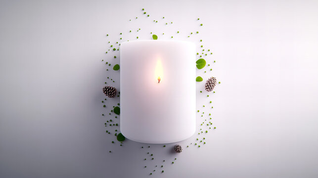 A lit white candle surrounded by green leaves and pine cones on a soft white background in a serene and calming setting