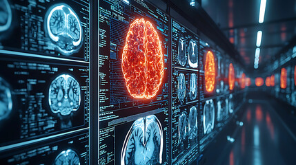 futuristic radiology lab showcasing advanced AI assisted imaging technology, featuring illuminated brain scans on digital screens, creating high tech atmosphere