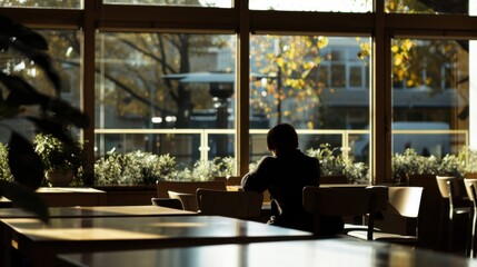 A serene coffee shop scene with a person lost in thought, surrounded by modern decor and large windows letting in soft daylight, Reflective moment scene
