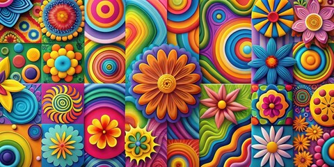 Fototapeta premium A vibrant tapestry of colorful flowers and swirling abstract patterns creates a cheerful and energetic composition.