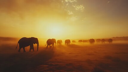 Fototapeta premium 7. A herd of elephants walking towards the horizon in the desert, silhouetted by harsh overexposed sunlight