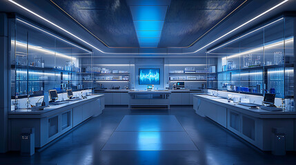 high tech medical laboratory featuring advanced AI technology, sleek design, and illuminated workspaces. environment is modern and efficient, ideal for research and innovation