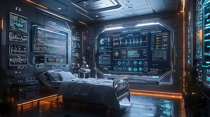 Obraz premium futuristic hospital room featuring advanced AI systems, sleek design, and high tech medical displays. atmosphere is calm and innovative, showcasing cutting edge healthcare technology