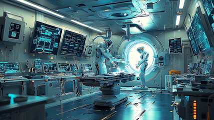 scene of robotic surgery in high tech operating room, showcasing advanced technology and precision. atmosphere is futuristic and innovative, highlighting role of robots in modern medicine