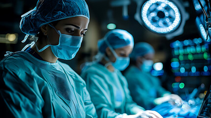 team of surgeons in high tech operating room, focused on robotic surgery. atmosphere is intense and professional, showcasing advanced medical technology and teamwork