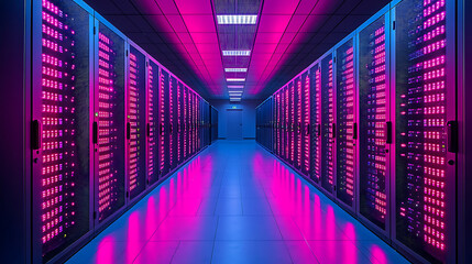secure data center showcasing advanced technology with vibrant pink lighting, featuring rows of servers and modern design