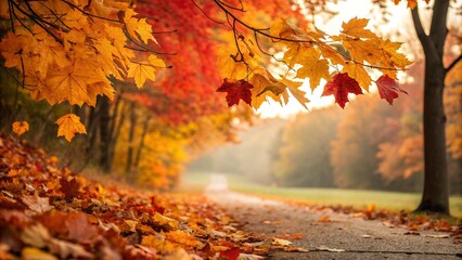 A road with autumn leaves on it and a red and yellow tree on the ground. Created through AI