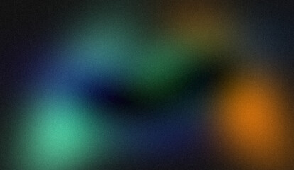 Abstract glowing colir gradient grainy background. Black blue orange green color noisy gradient, vibrant color flow, wave shaped, bright, shine, noise texture backdrop design