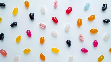 Colorful jelly beans on white background Flat lay top view