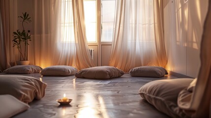 A serene meditation corner with cushions, candles, and soft natural light streaming through sheer curtains