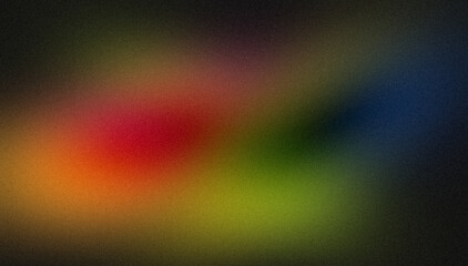 Abstract glowing colir gradient grainy background. Black red orange green blue magenta color noisy gradient, vibrant color flow, wave shaped, bright, shine, noise texture backdrop design