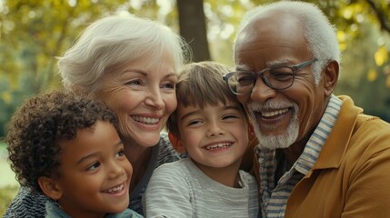Multigenerational Love: Diverse Grandparents and Kids Enjoying an Outdoor Bonding Moment with Authentic Smiles in Sharp Focus