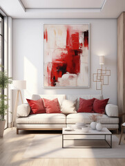 Modern Living Room Interior White Sofa Red Pillows Abstract Red Art