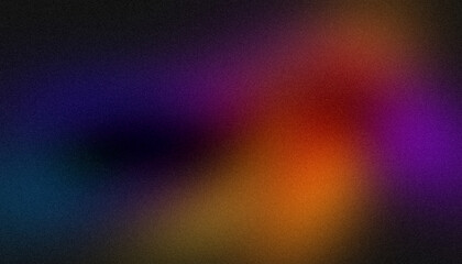 Abstract glowing colir gradient grainy background. Black orange magenta purple blue color noisy gradient, vibrant color flow, wave shaped, bright, shine, noise texture backdrop design