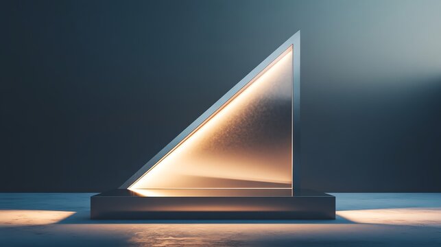 Abstract triangular light sculpture on a dark background.