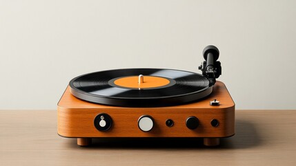 A vintage wooden turntable with a vinyl record playing, showcasing a blend of classic design and...