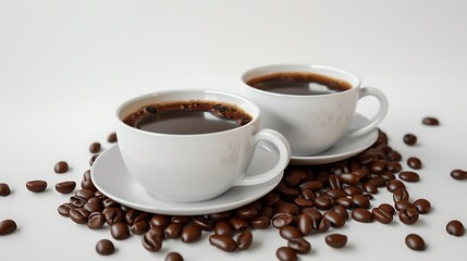 Two cups of coffee with coffee beans on a white background