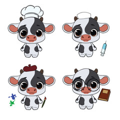 set of funny cute cartoon animals cow profession vector illustration art
