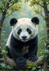 Obraz premium Playful giant panda climbing a tree in a lush green environment, cheerful mood, wildlife photography