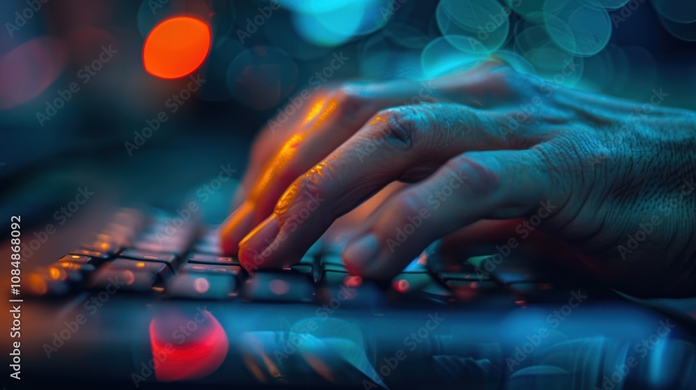 Aufkleber close-up of hands typing on a keyboard in a dimly lit room with colorful lights.
