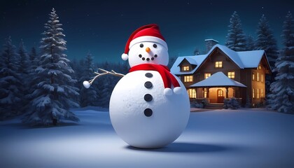 Obraz premium 3d illustration wallpaper of snowman wearing Christmas hat with house background.