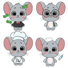 set of  cute funny cartoon animals mouse profession vector illustration art