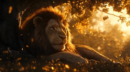 44. A lion resting under a tree, its mane glowing from the intense sunlight creating an overexposed...