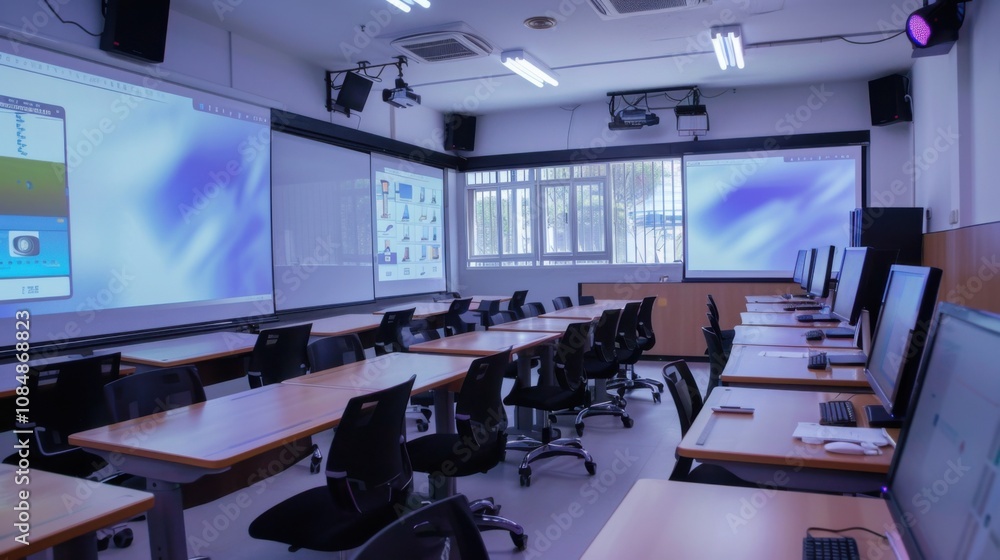 Poster a smart classroom with interactive displays and online learning tools, education scene, digital clas