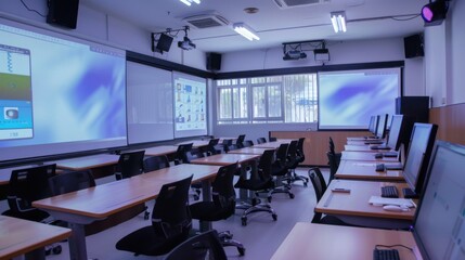 A smart classroom with interactive displays and online learning tools, Education scene, Digital classroom style